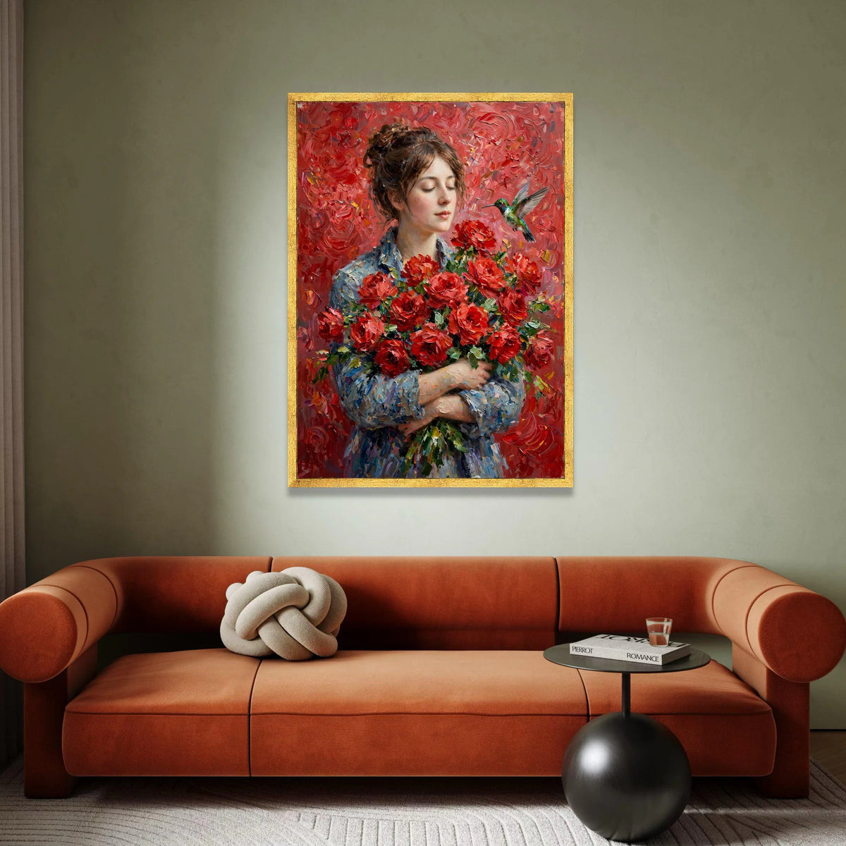 Woman with Red Roses Bouquet, Hummingbird and Floral Canvas, Romantic Garden Wall Art, Elegant Portrait Decoration Canvas Print Art