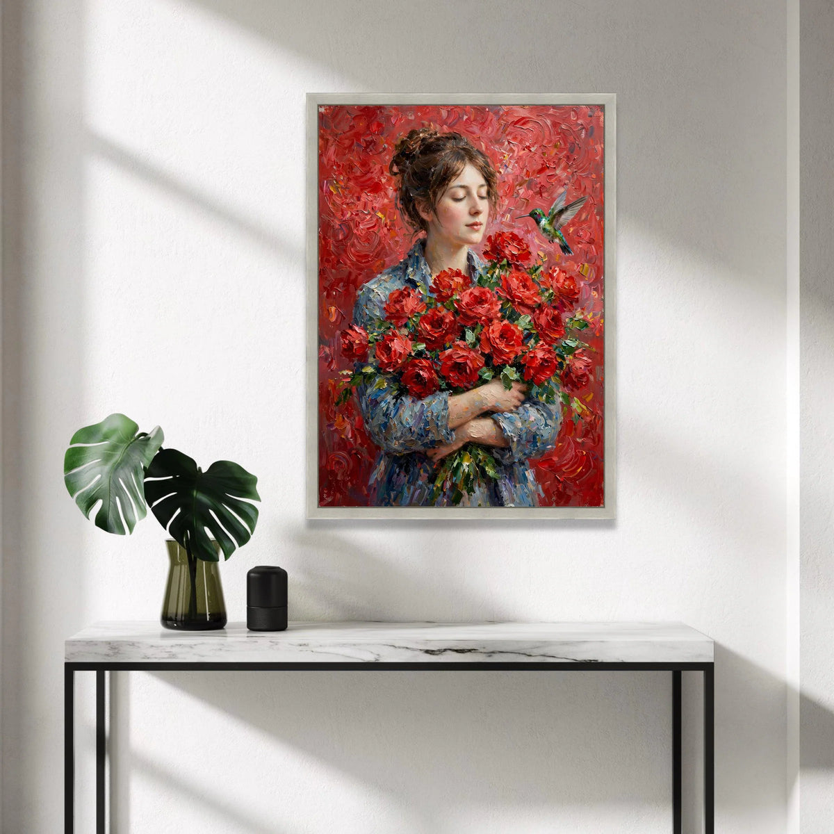 Woman with Red Roses Bouquet, Hummingbird and Floral Canvas, Romantic Garden Wall Art, Elegant Portrait Decoration Canvas Print Art
