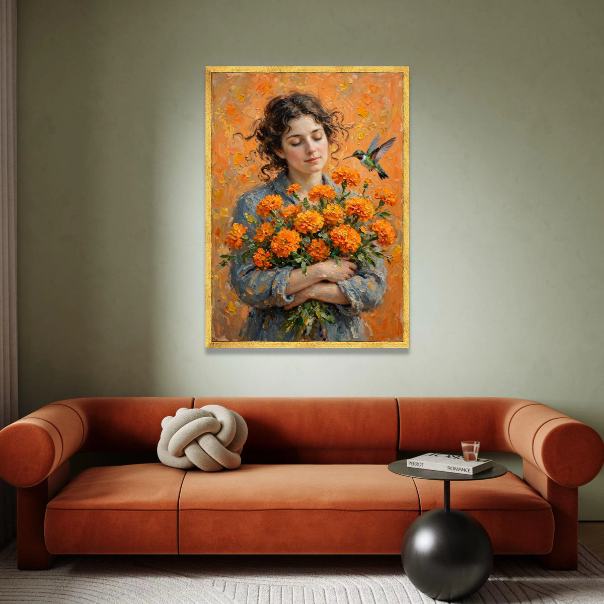 Serene Woman with Orange Flowers Bouquet, Hummingbird and Floral Canvas Wall Art, Peaceful Portrait Painting, Nature Home Canvas Print Art