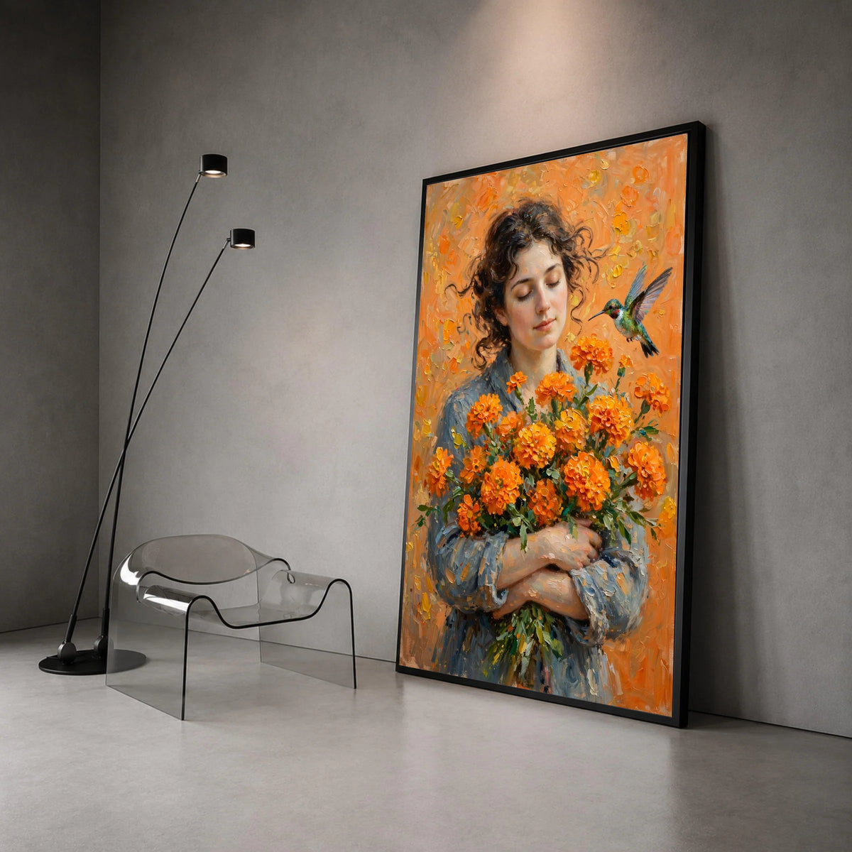 Serene Woman with Orange Flowers Bouquet, Hummingbird and Floral Canvas Wall Art, Peaceful Portrait Painting, Nature Home Canvas Print Art