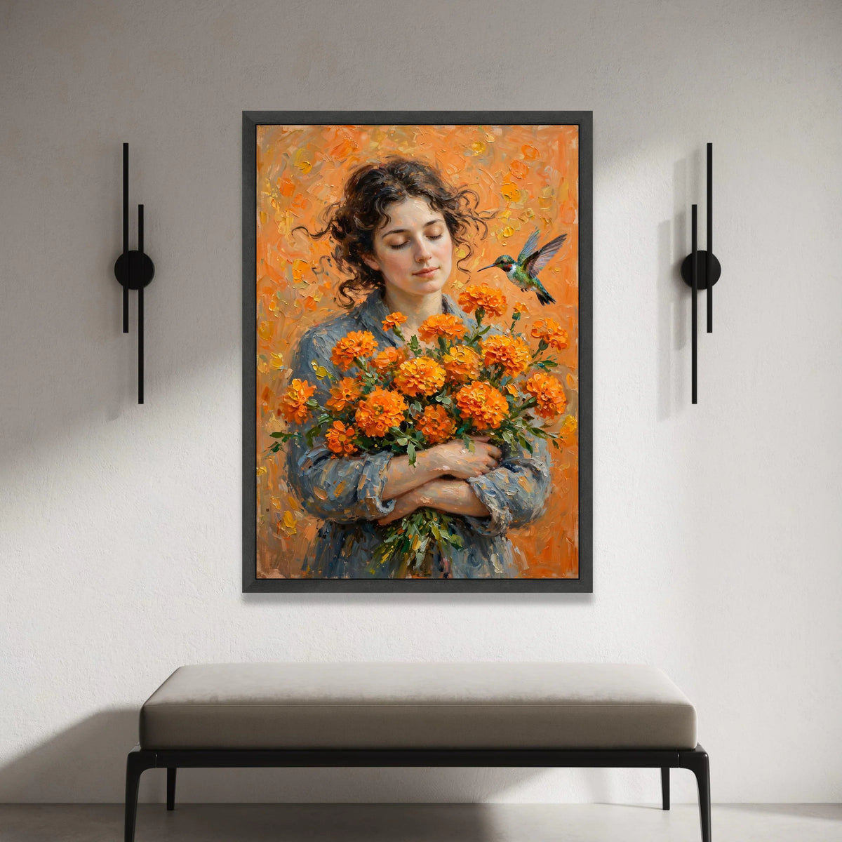 Serene Woman with Orange Flowers Bouquet, Hummingbird and Floral Canvas Wall Art, Peaceful Portrait Painting, Nature Home Canvas Print Art