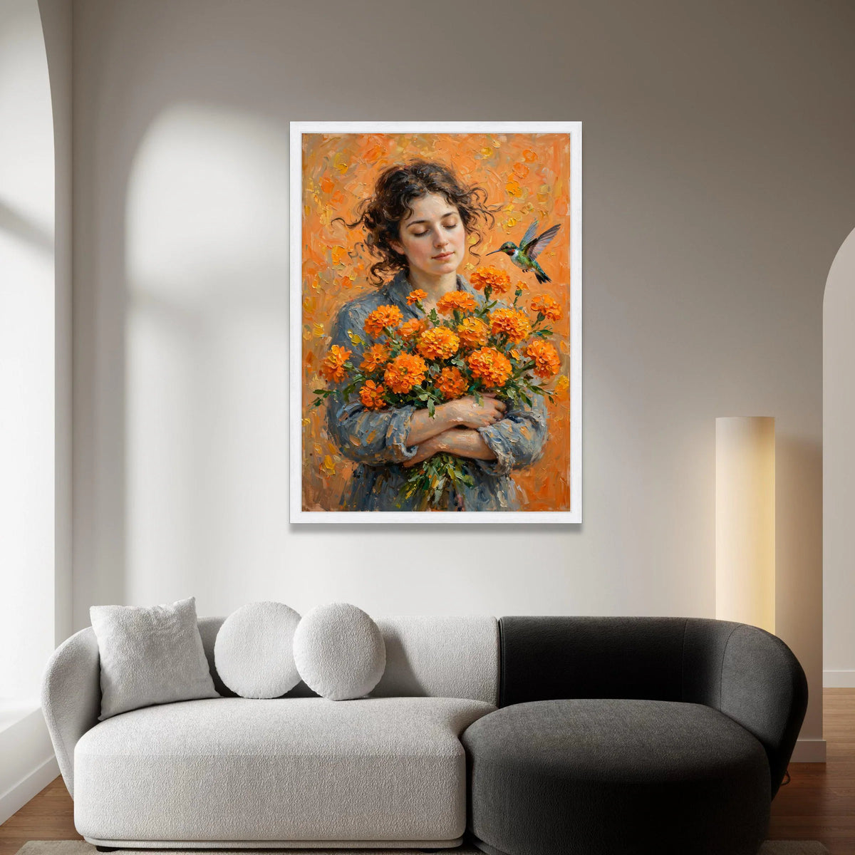 Serene Woman with Orange Flowers Bouquet, Hummingbird and Floral Canvas Wall Art, Peaceful Portrait Painting, Nature Home Canvas Print Art