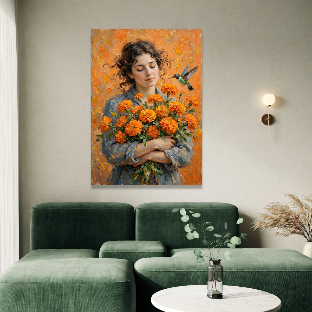 Serene Woman with Orange Flowers Bouquet, Hummingbird and Floral Canvas Wall Art, Peaceful Portrait Painting, Nature Home Canvas Print Art