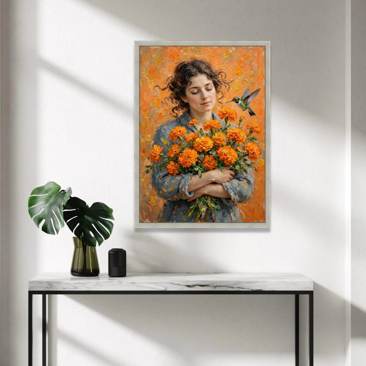 Serene Woman with Orange Flowers Bouquet, Hummingbird and Floral Canvas Wall Art, Peaceful Portrait Painting, Nature Home Canvas Print Art