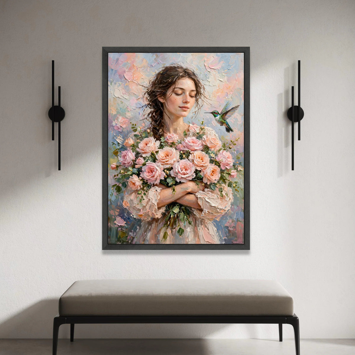 Serene Woman with Roses Bouquet, Hummingbird Canvas Wall Art, Soft Pastel Floral Painting, Romantic Home Decoration, Ready Canvas Print Art