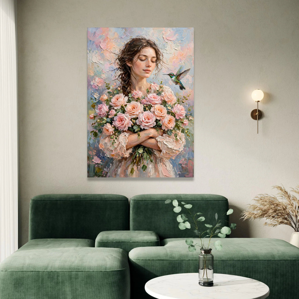 Serene Woman with Roses Bouquet, Hummingbird Canvas Wall Art, Soft Pastel Floral Painting, Romantic Home Decoration, Ready Canvas Print Art