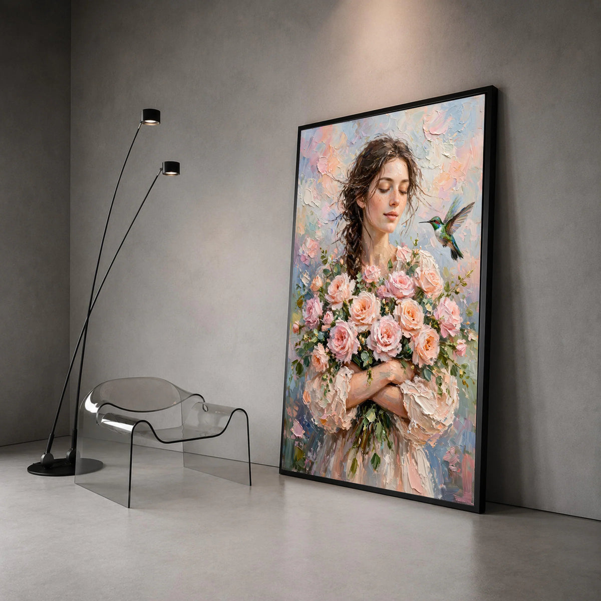 Serene Woman with Roses Bouquet, Hummingbird Canvas Wall Art, Soft Pastel Floral Painting, Romantic Home Decoration, Ready Canvas Print Art