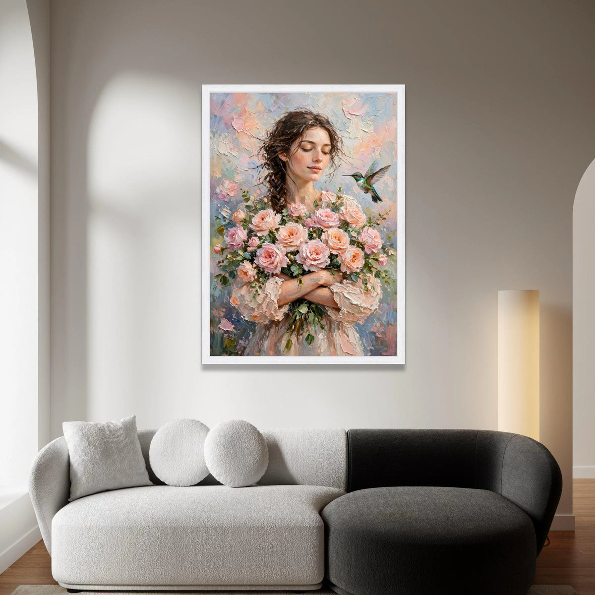 Serene Woman with Roses Bouquet, Hummingbird Canvas Wall Art, Soft Pastel Floral Painting, Romantic Home Decoration, Ready Canvas Print Art