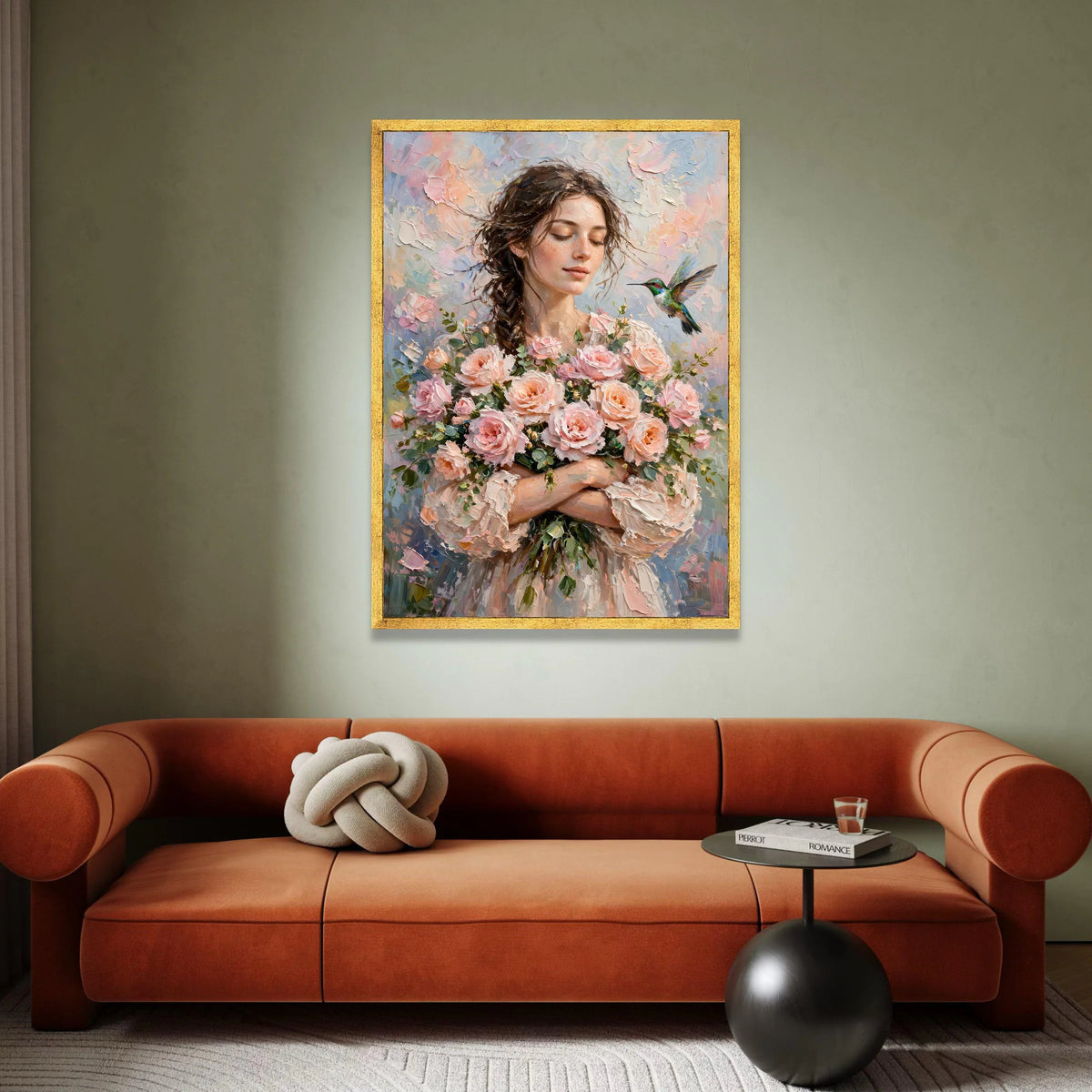 Serene Woman with Roses Bouquet, Hummingbird Canvas Wall Art, Soft Pastel Floral Painting, Romantic Home Decoration, Ready Canvas Print Art