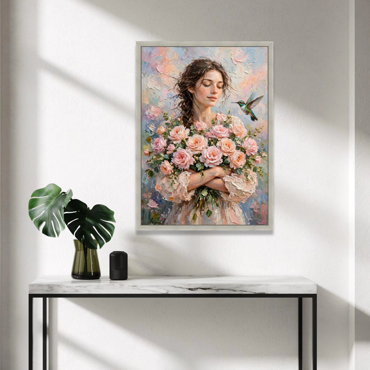 Serene Woman with Roses Bouquet, Hummingbird Canvas Wall Art, Soft Pastel Floral Painting, Romantic Home Decoration, Ready Canvas Print Art