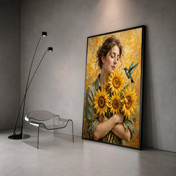 Woman with Sunflowers Canvas, Hummingbird and Floral Bouquet Wall Art, Summer Nature Canvas Decoration, Bright Yellow Home Canvas Print Art