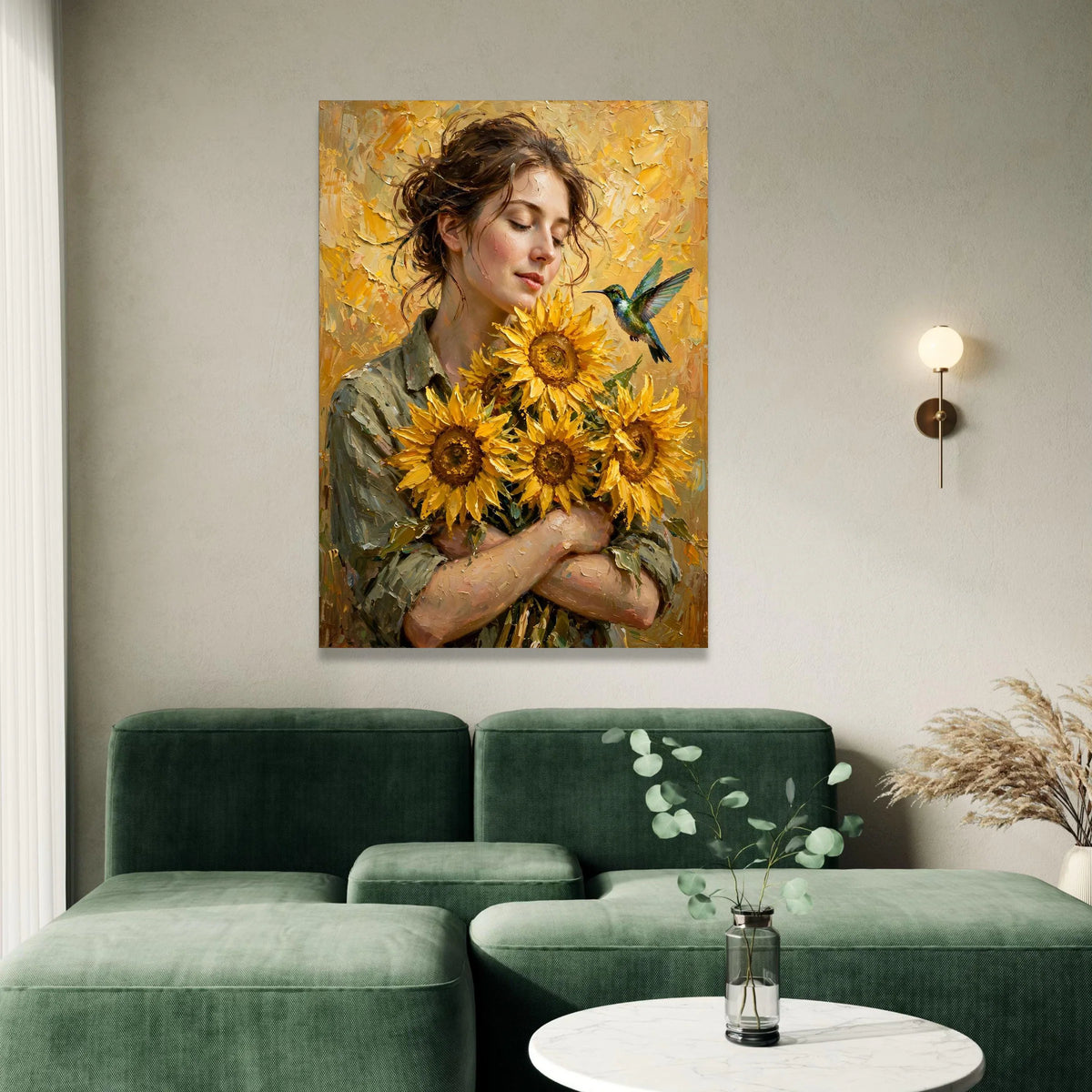 Woman with Sunflowers Canvas, Hummingbird and Floral Bouquet Wall Art, Summer Nature Canvas Decoration, Bright Yellow Home Canvas Print Art