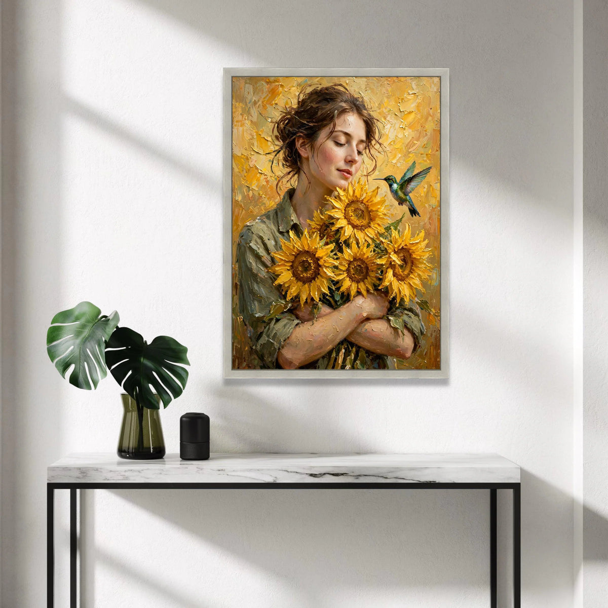 Woman with Sunflowers Canvas, Hummingbird and Floral Bouquet Wall Art, Summer Nature Canvas Decoration, Bright Yellow Home Canvas Print Art