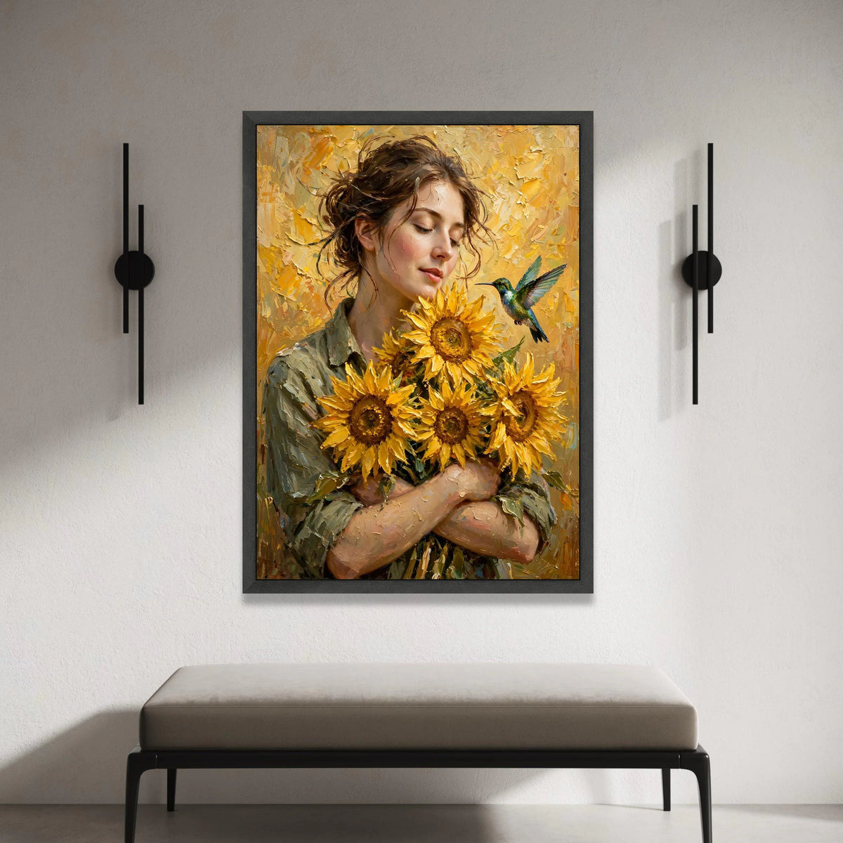 Woman with Sunflowers Canvas, Hummingbird and Floral Bouquet Wall Art, Summer Nature Canvas Decoration, Bright Yellow Home Canvas Print Art