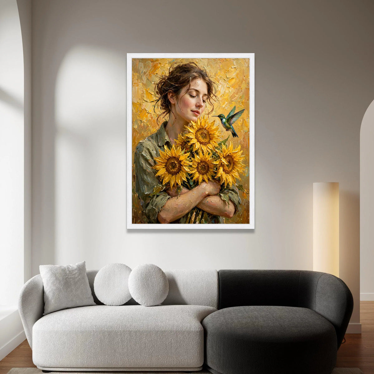 Woman with Sunflowers Canvas, Hummingbird and Floral Bouquet Wall Art, Summer Nature Canvas Decoration, Bright Yellow Home Canvas Print Art