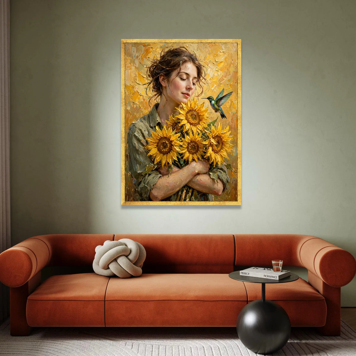 Woman with Sunflowers Canvas, Hummingbird and Floral Bouquet Wall Art, Summer Nature Canvas Decoration, Bright Yellow Home Canvas Print Art