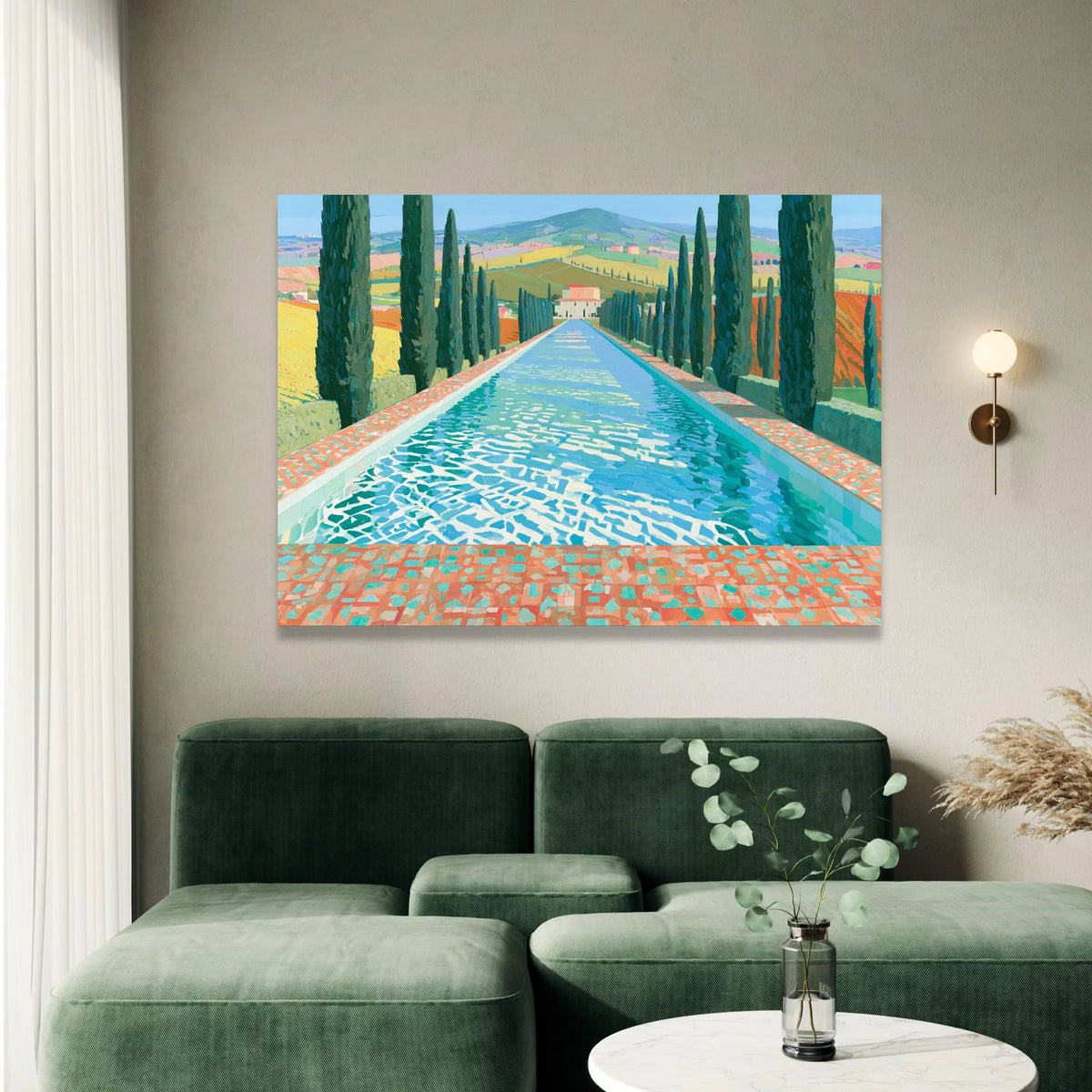 David Hockney Tuscany Landscape Canvas, Cypress Trees Reflective Pool, Modern Art Wall Decor, Vibrant Nature Scene Canvas Canvas Print Art