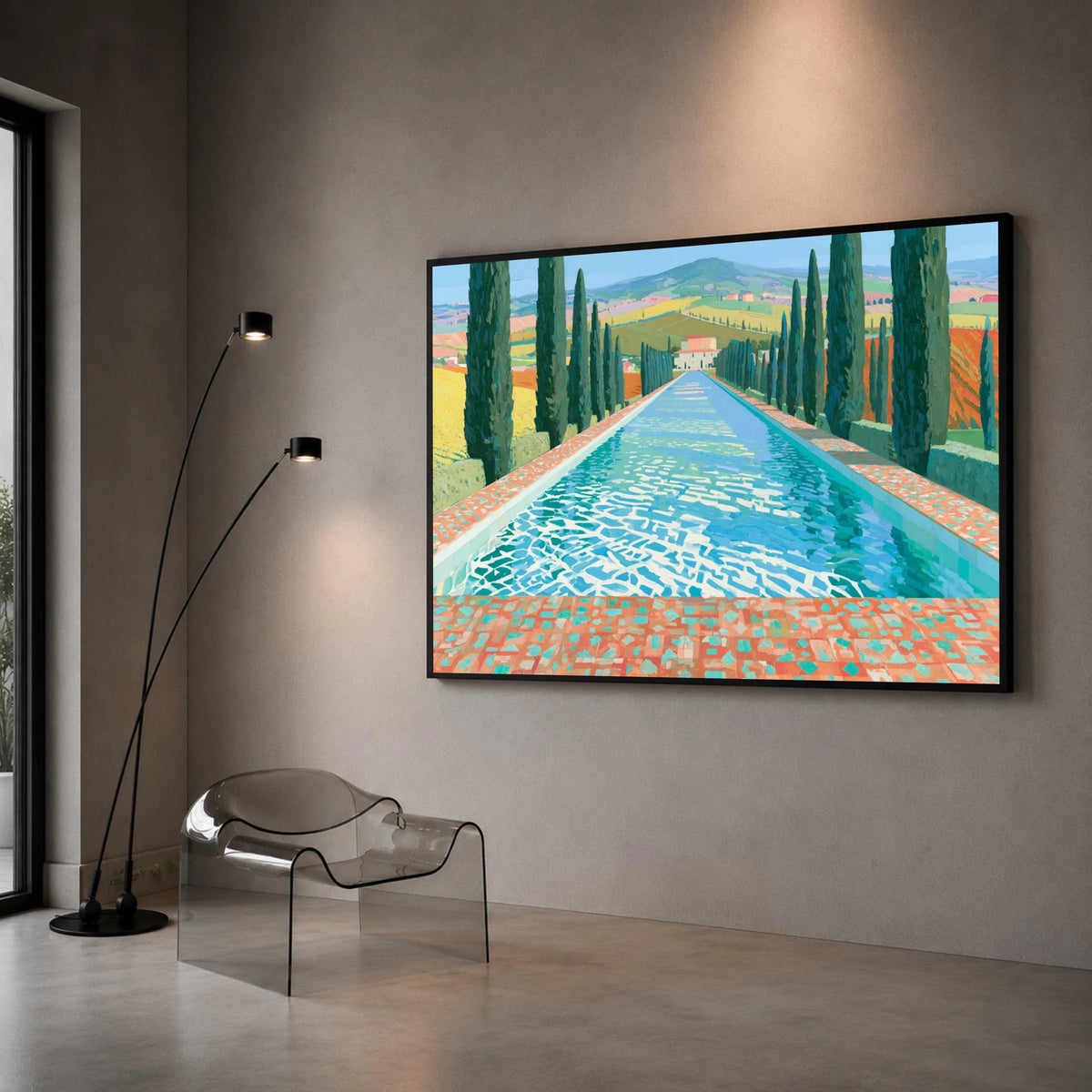 David Hockney Tuscany Landscape Canvas, Cypress Trees Reflective Pool, Modern Art Wall Decor, Vibrant Nature Scene Canvas Canvas Print Art