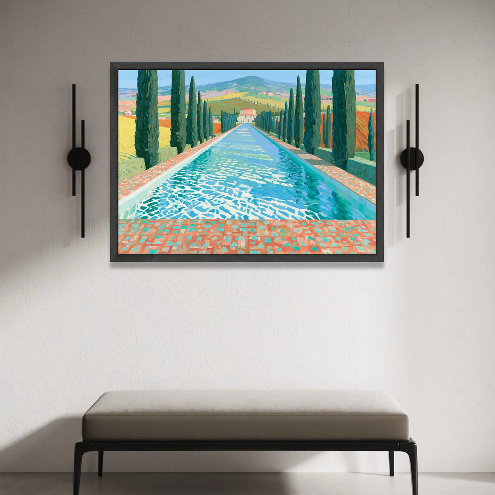 David Hockney Tuscany Landscape Canvas, Cypress Trees Reflective Pool, Modern Art Wall Decor, Vibrant Nature Scene Canvas Canvas Print Art
