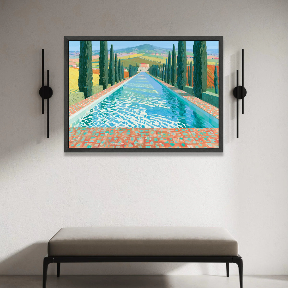 David Hockney Tuscany Landscape Canvas, Cypress Trees Reflective Pool, Modern Art Wall Decor, Vibrant Nature Scene Canvas Canvas Print Art