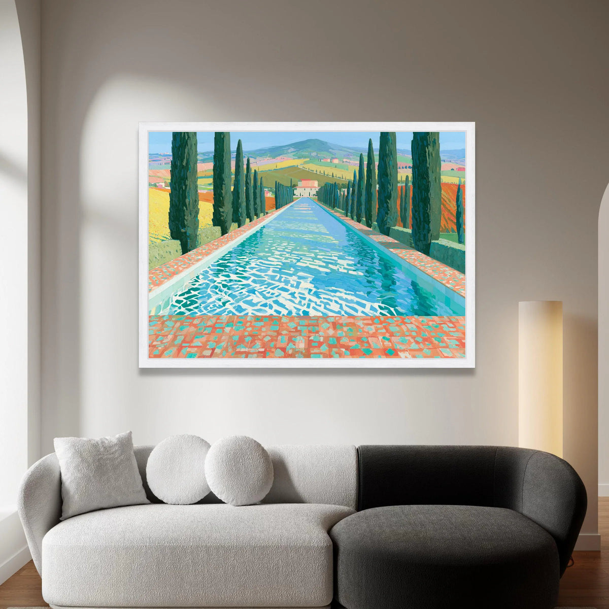 David Hockney Tuscany Landscape Canvas, Cypress Trees Reflective Pool, Modern Art Wall Decor, Vibrant Nature Scene Canvas Canvas Print Art