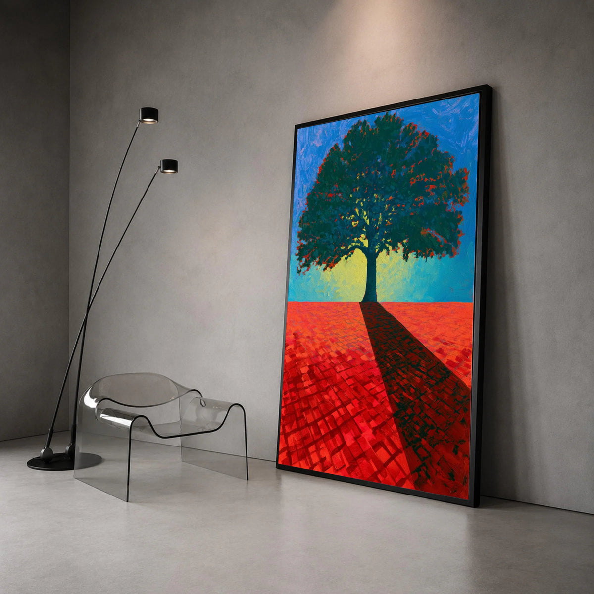 David Hockney Style Tree Canvas Wall Art, Modern Landscape Painting, Bold Color Contrast, Contemporary Home Decoration Canvas Print Art