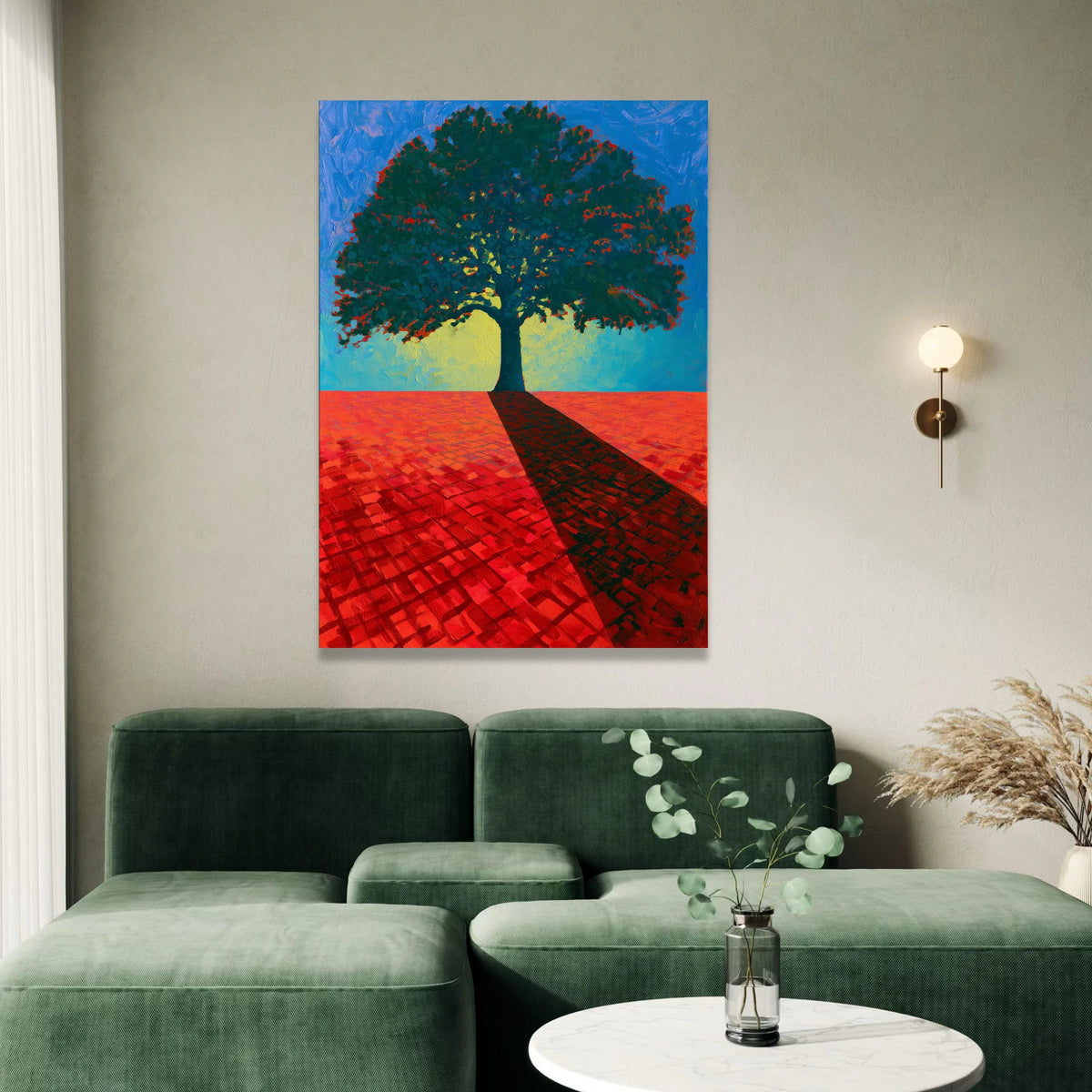 David Hockney Style Tree Canvas Wall Art, Modern Landscape Painting, Bold Color Contrast, Contemporary Home Decoration Canvas Print Art