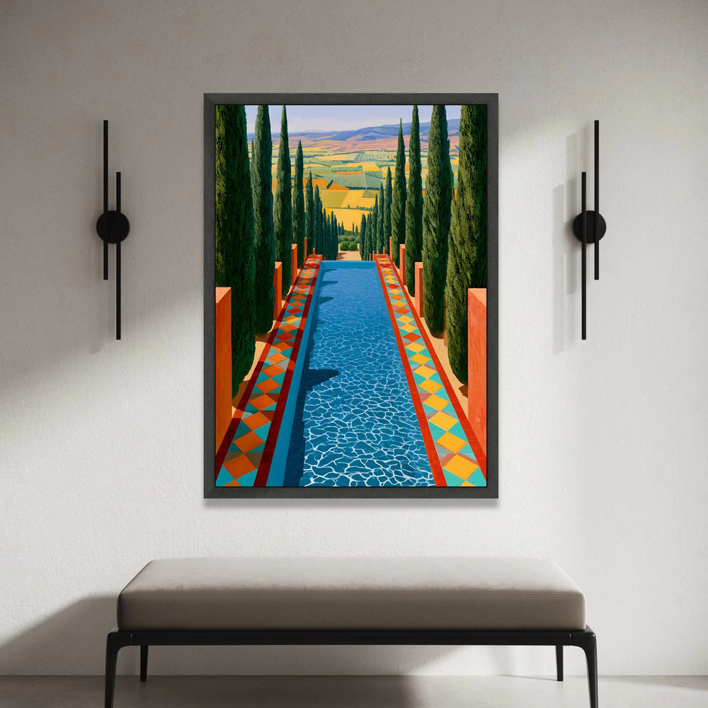 David Hockney Pool Vista Canvas, Modern Landscape Wall Art, Colorful Geometric Pathway, Cypress Tree Garden Decoration Canvas Print Art