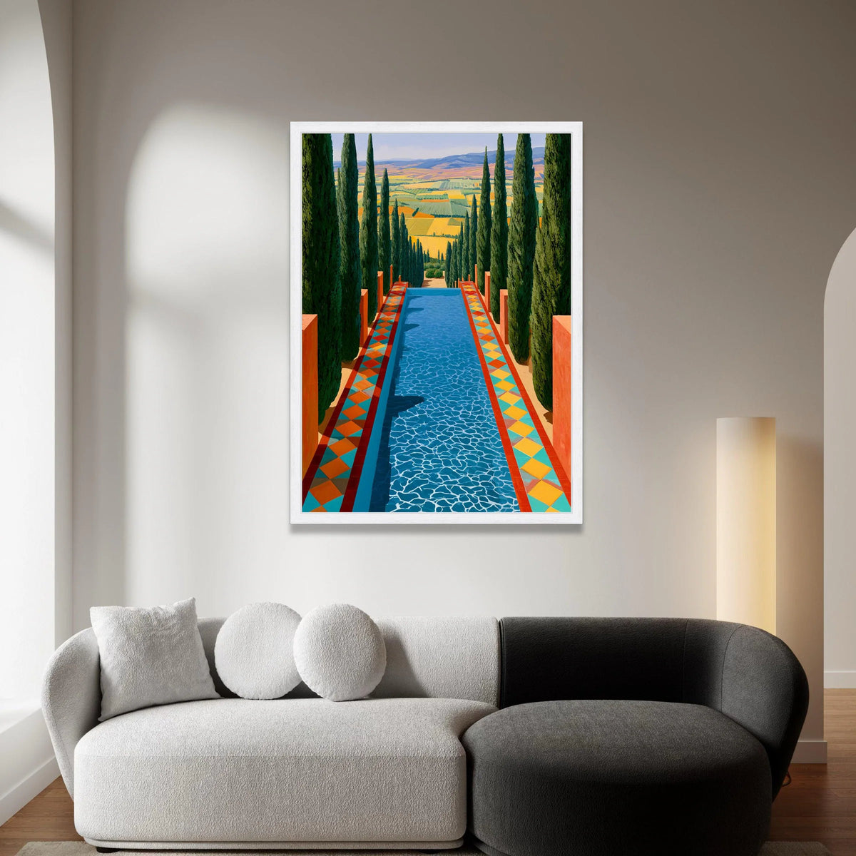 David Hockney Pool Vista Canvas, Modern Landscape Wall Art, Colorful Geometric Pathway, Cypress Tree Garden Decoration Canvas Print Art
