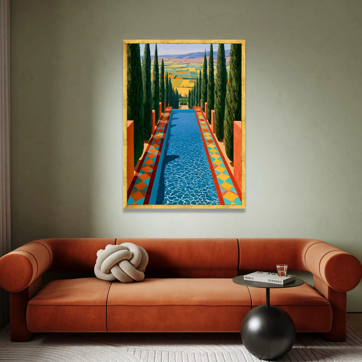 David Hockney Pool Vista Canvas, Modern Landscape Wall Art, Colorful Geometric Pathway, Cypress Tree Garden Decoration Canvas Print Art