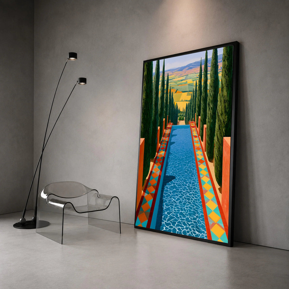 David Hockney Pool Vista Canvas, Modern Landscape Wall Art, Colorful Geometric Pathway, Cypress Tree Garden Decoration Canvas Print Art