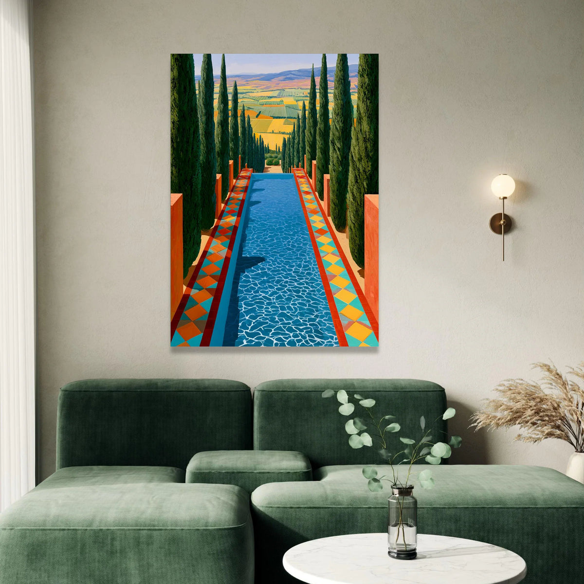 David Hockney Pool Vista Canvas, Modern Landscape Wall Art, Colorful Geometric Pathway, Cypress Tree Garden Decoration Canvas Print Art