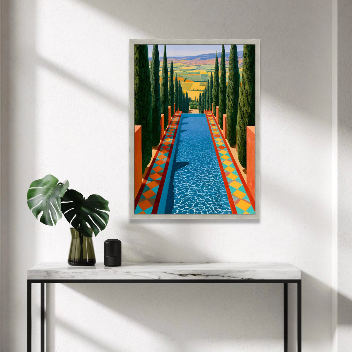 David Hockney Pool Vista Canvas, Modern Landscape Wall Art, Colorful Geometric Pathway, Cypress Tree Garden Decoration Canvas Print Art