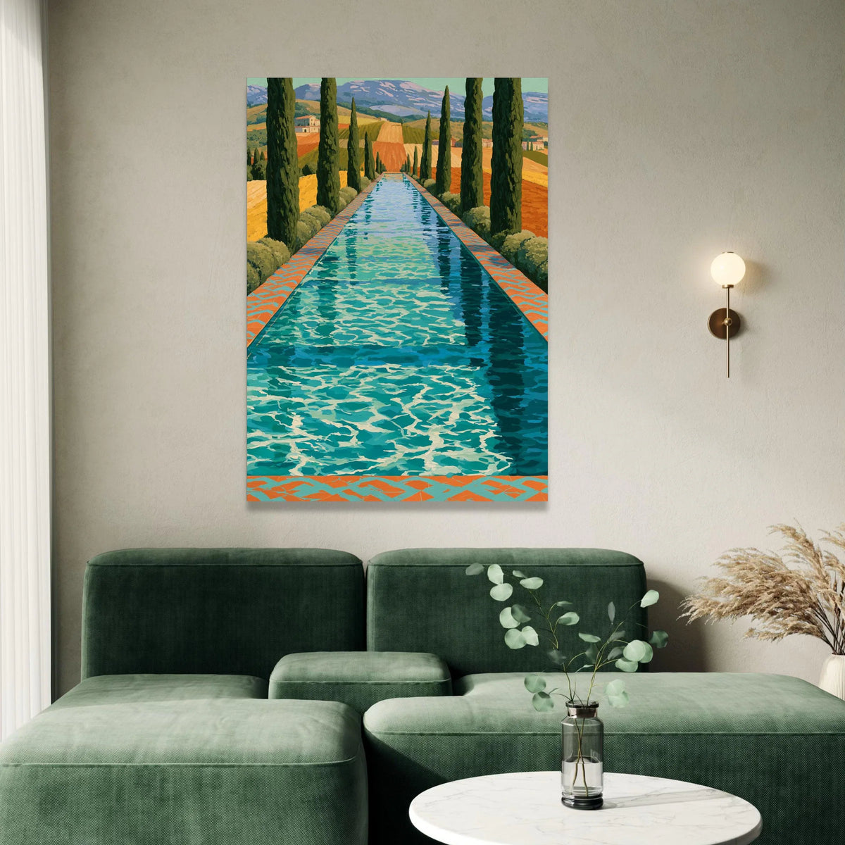 David Hockney Style Tuscan Pool Landscape Canvas, Modern Artistic Wall Decor, Vibrant Countryside Scene, Home Decoration Canvas Print Art