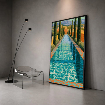 David Hockney Style Tuscan Pool Landscape Canvas, Modern Artistic Wall Decor, Vibrant Countryside Scene, Home Decoration Canvas Print Art