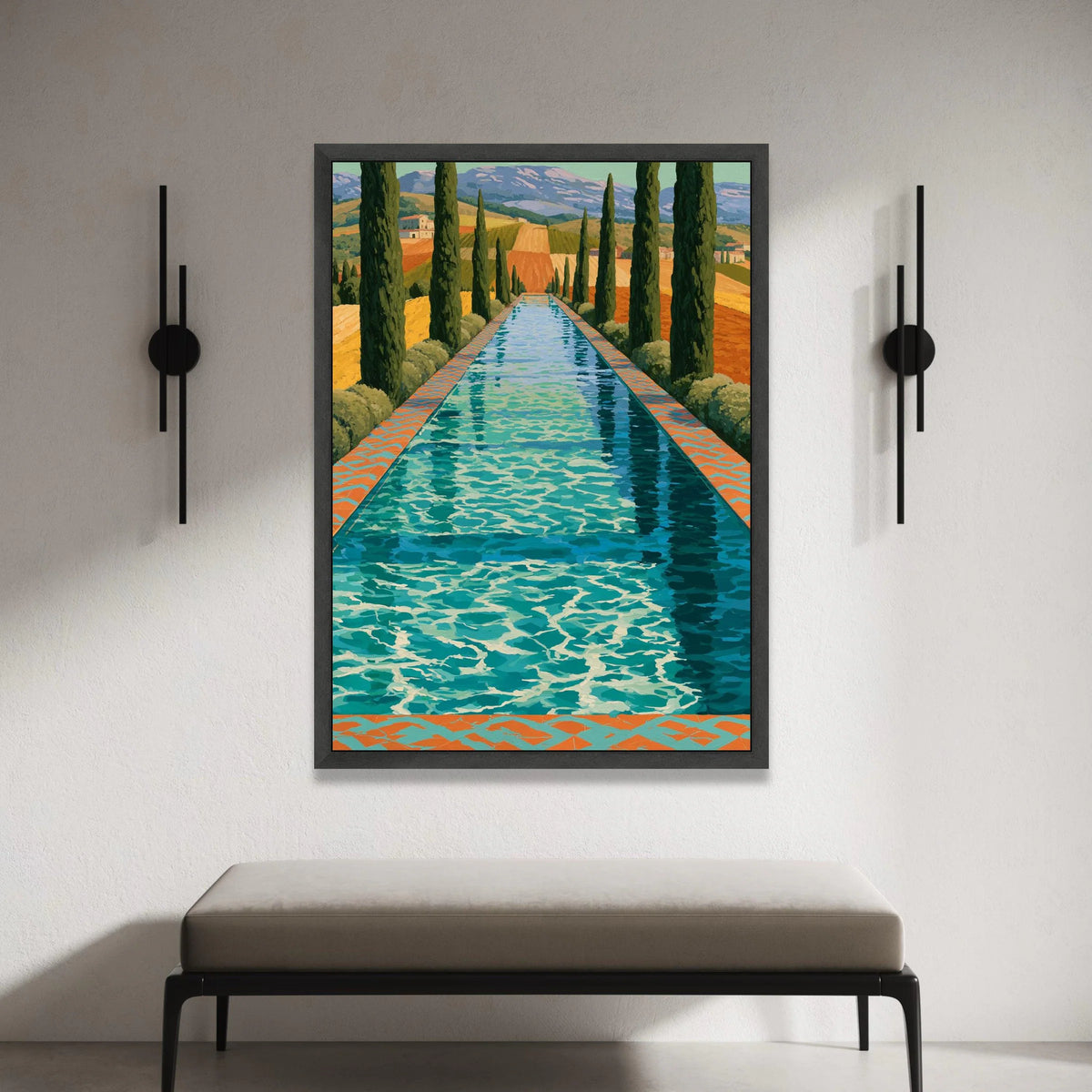 David Hockney Style Tuscan Pool Landscape Canvas, Modern Artistic Wall Decor, Vibrant Countryside Scene, Home Decoration Canvas Print Art