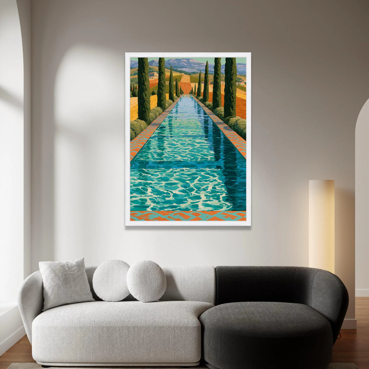 David Hockney Style Tuscan Pool Landscape Canvas, Modern Artistic Wall Decor, Vibrant Countryside Scene, Home Decoration Canvas Print Art