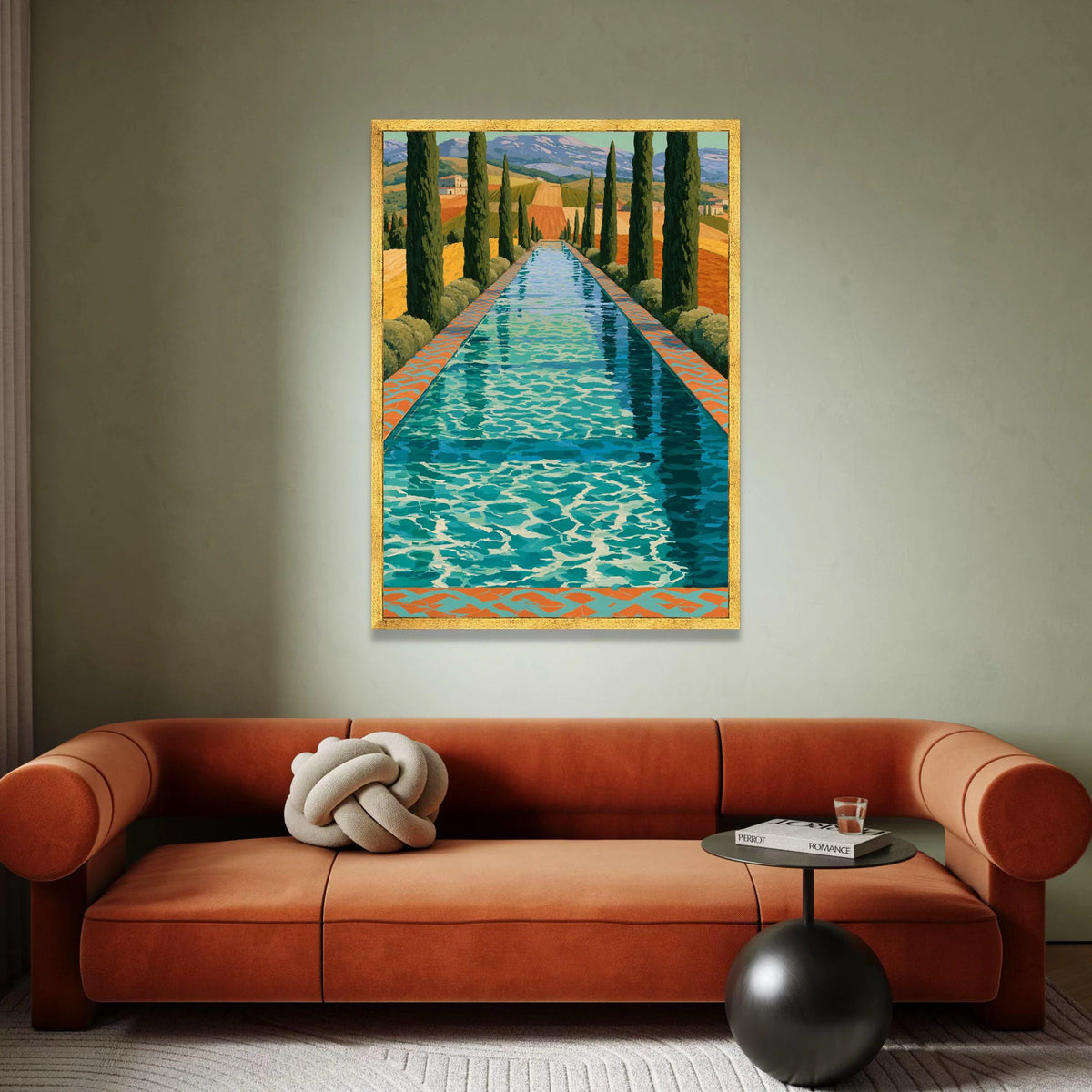 David Hockney Style Tuscan Pool Landscape Canvas, Modern Artistic Wall Decor, Vibrant Countryside Scene, Home Decoration Canvas Print Art
