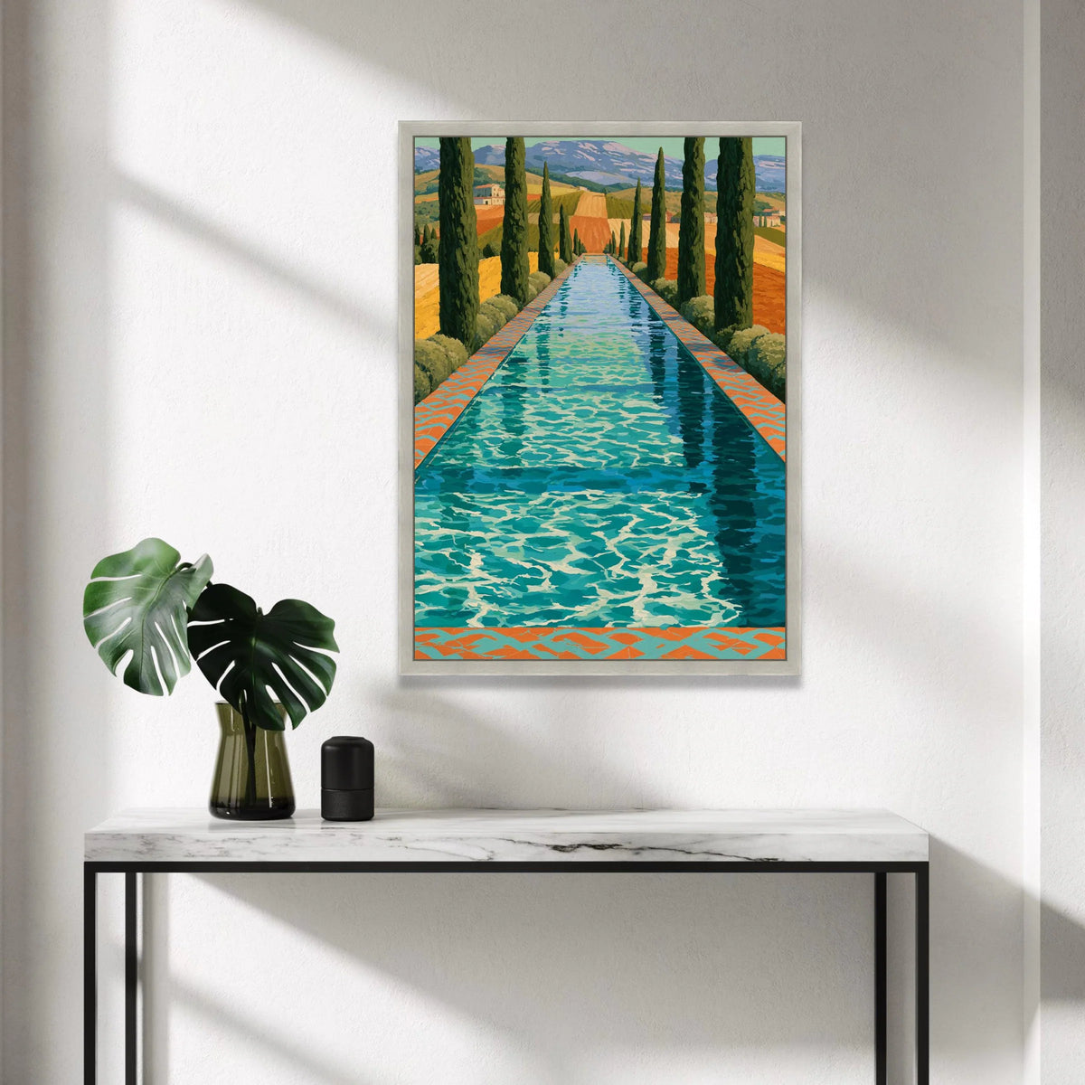 David Hockney Style Tuscan Pool Landscape Canvas, Modern Artistic Wall Decor, Vibrant Countryside Scene, Home Decoration Canvas Print Art