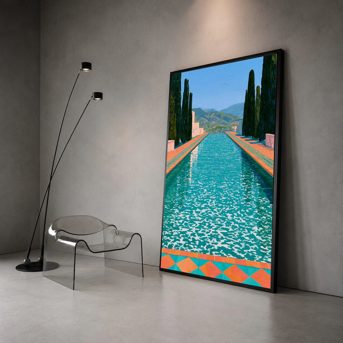 David Hockney Style Pool Landscape Canvas, Modern Colorful Water Reflection Wall Art, Contemporary Garden Scene Decoration Canvas Print Art
