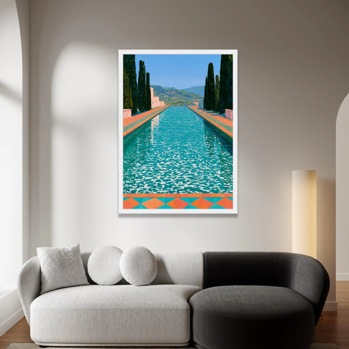 David Hockney Style Pool Landscape Canvas, Modern Colorful Water Reflection Wall Art, Contemporary Garden Scene Decoration Canvas Print Art
