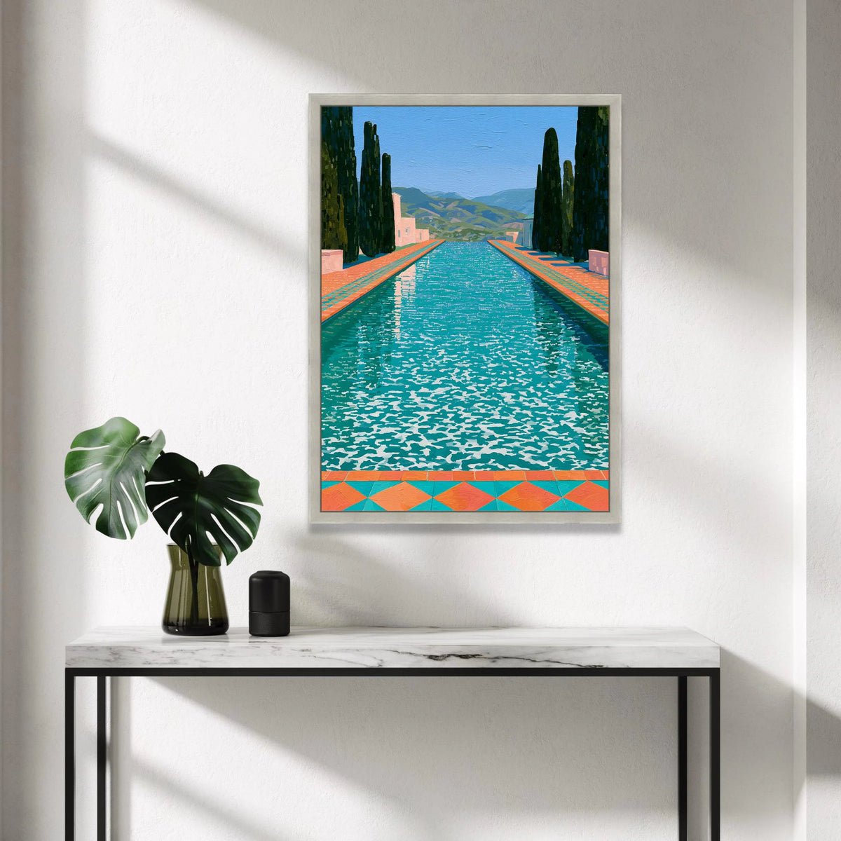 David Hockney Style Pool Landscape Canvas, Modern Colorful Water Reflection Wall Art, Contemporary Garden Scene Decoration Canvas Print Art