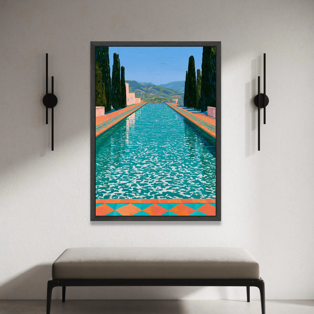 David Hockney Style Pool Landscape Canvas, Modern Colorful Water Reflection Wall Art, Contemporary Garden Scene Decoration Canvas Print Art