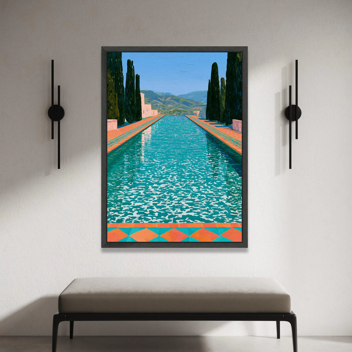 David Hockney Style Pool Landscape Canvas, Modern Colorful Water Reflection Wall Art, Contemporary Garden Scene Decoration Canvas Print Art