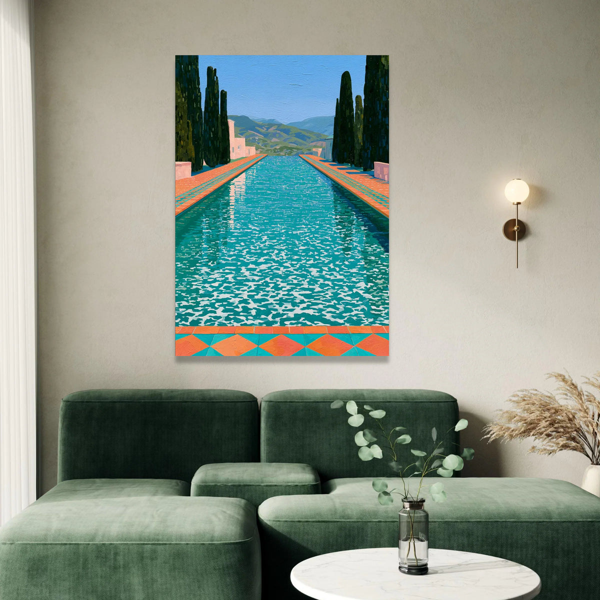 David Hockney Style Pool Landscape Canvas, Modern Colorful Water Reflection Wall Art, Contemporary Garden Scene Decoration Canvas Print Art