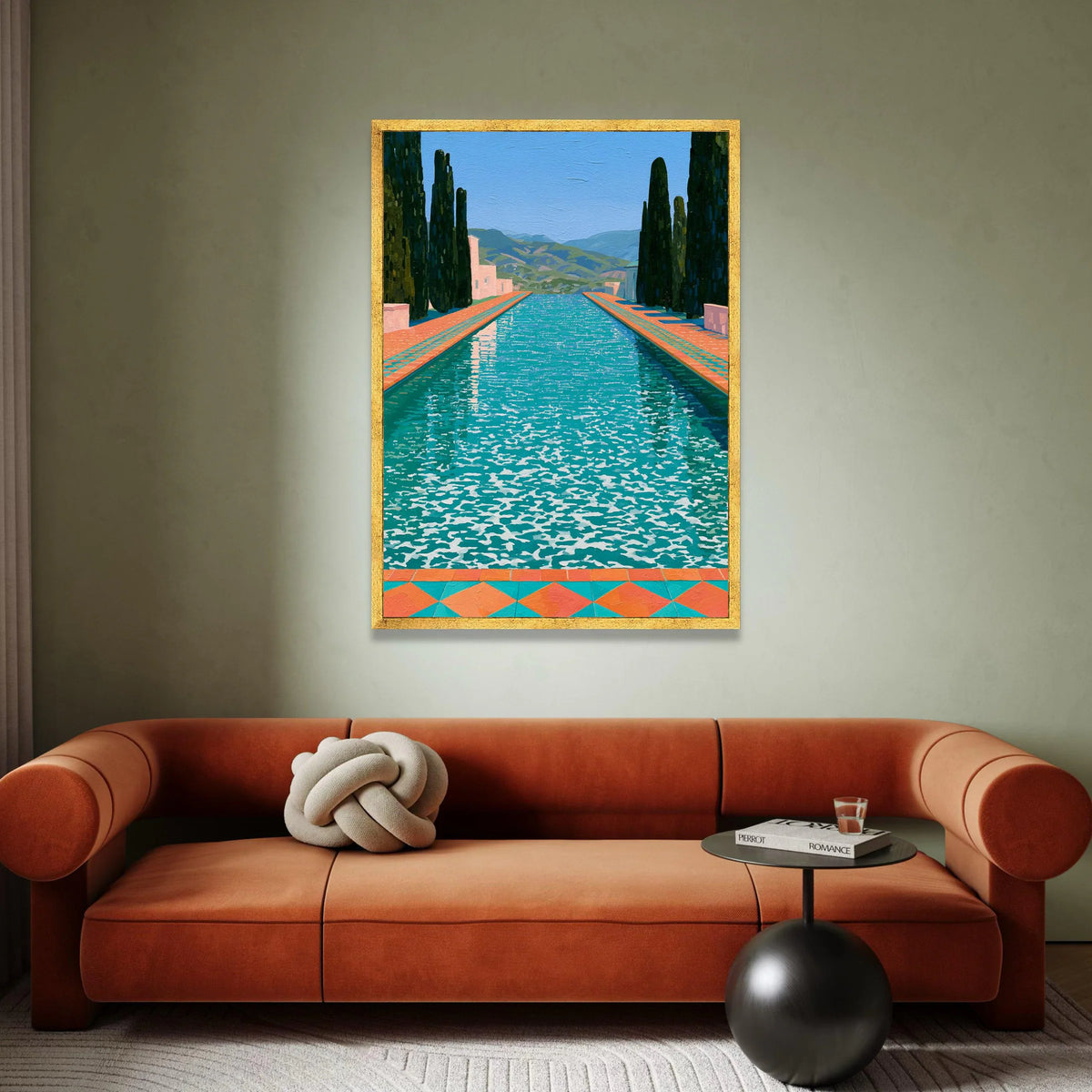 David Hockney Style Pool Landscape Canvas, Modern Colorful Water Reflection Wall Art, Contemporary Garden Scene Decoration Canvas Print Art