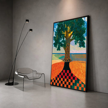 David Hockney Style Tree Canvas Wall Art, Checkerboard Trunk Landscape, Modern Colorful Nature Painting, Home Decoration Canvas Print Art