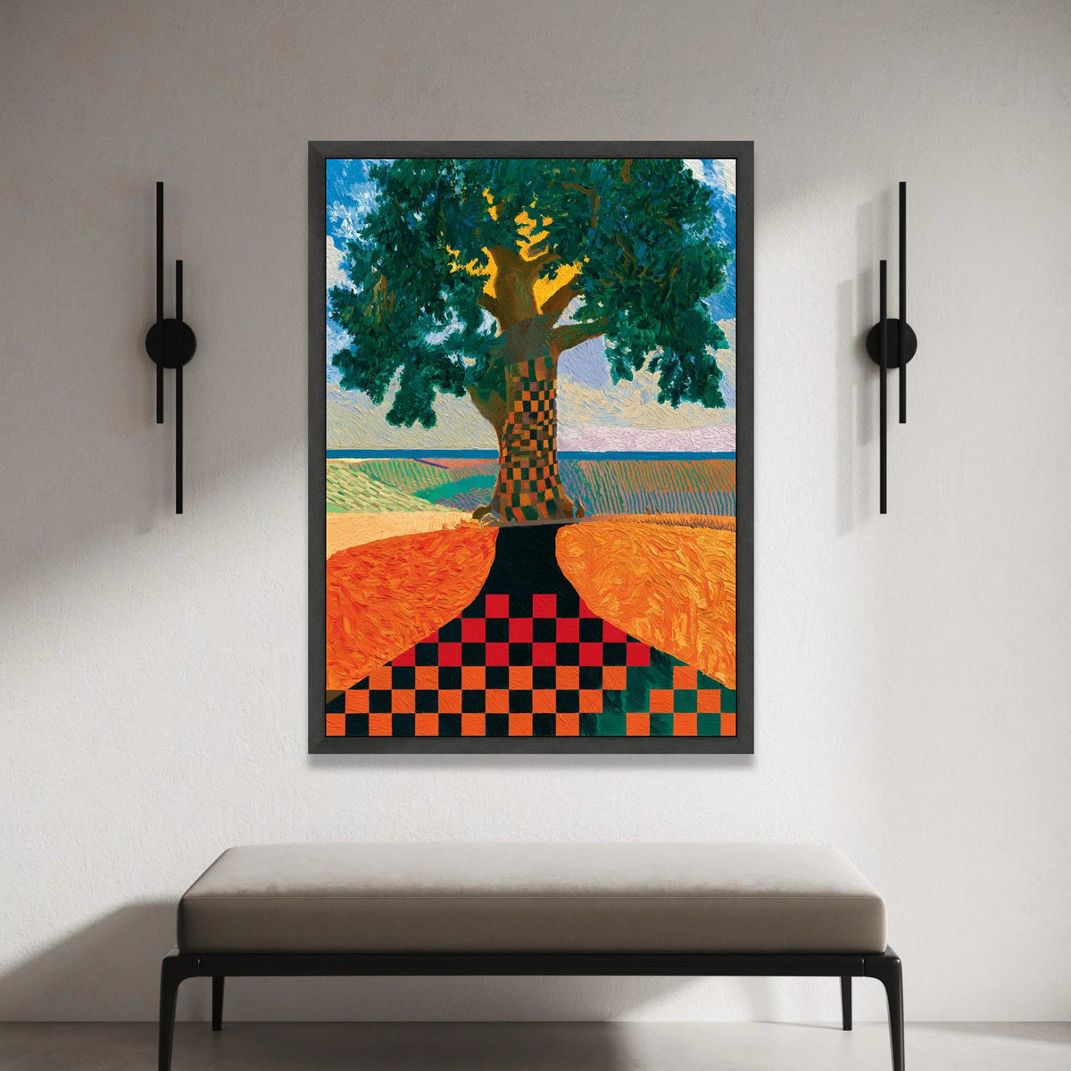 David Hockney Style Tree Canvas Wall Art, Checkerboard Trunk Landscape, Modern Colorful Nature Painting, Home Decoration Canvas Print Art
