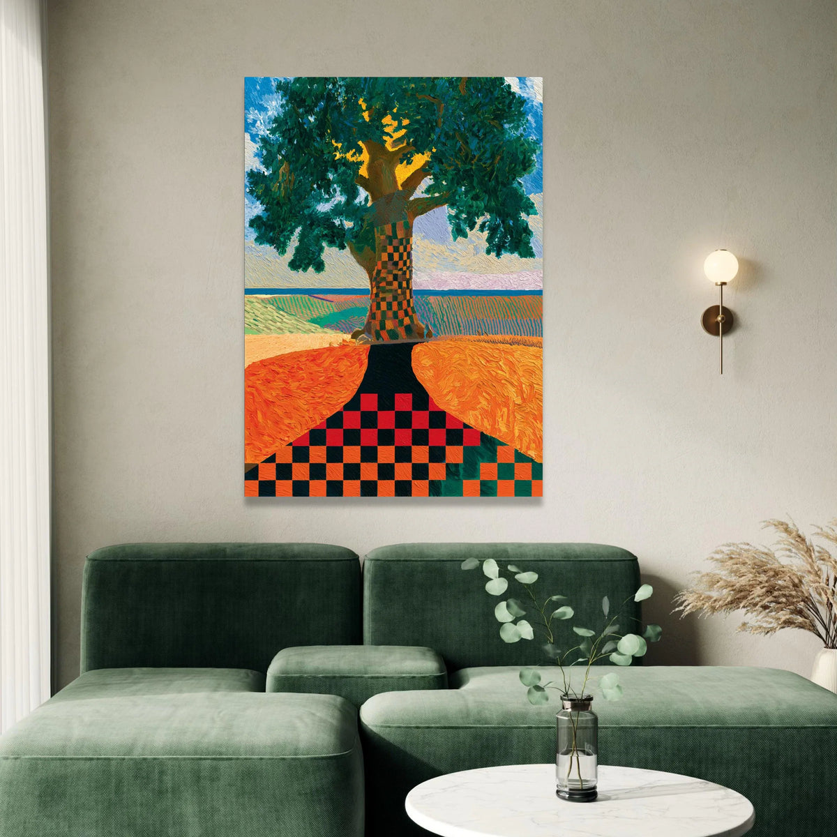 David Hockney Style Tree Canvas Wall Art, Checkerboard Trunk Landscape, Modern Colorful Nature Painting, Home Decoration Canvas Print Art