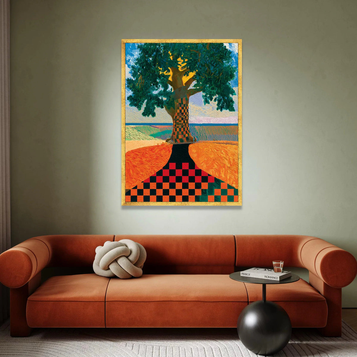 David Hockney Style Tree Canvas Wall Art, Checkerboard Trunk Landscape, Modern Colorful Nature Painting, Home Decoration Canvas Print Art